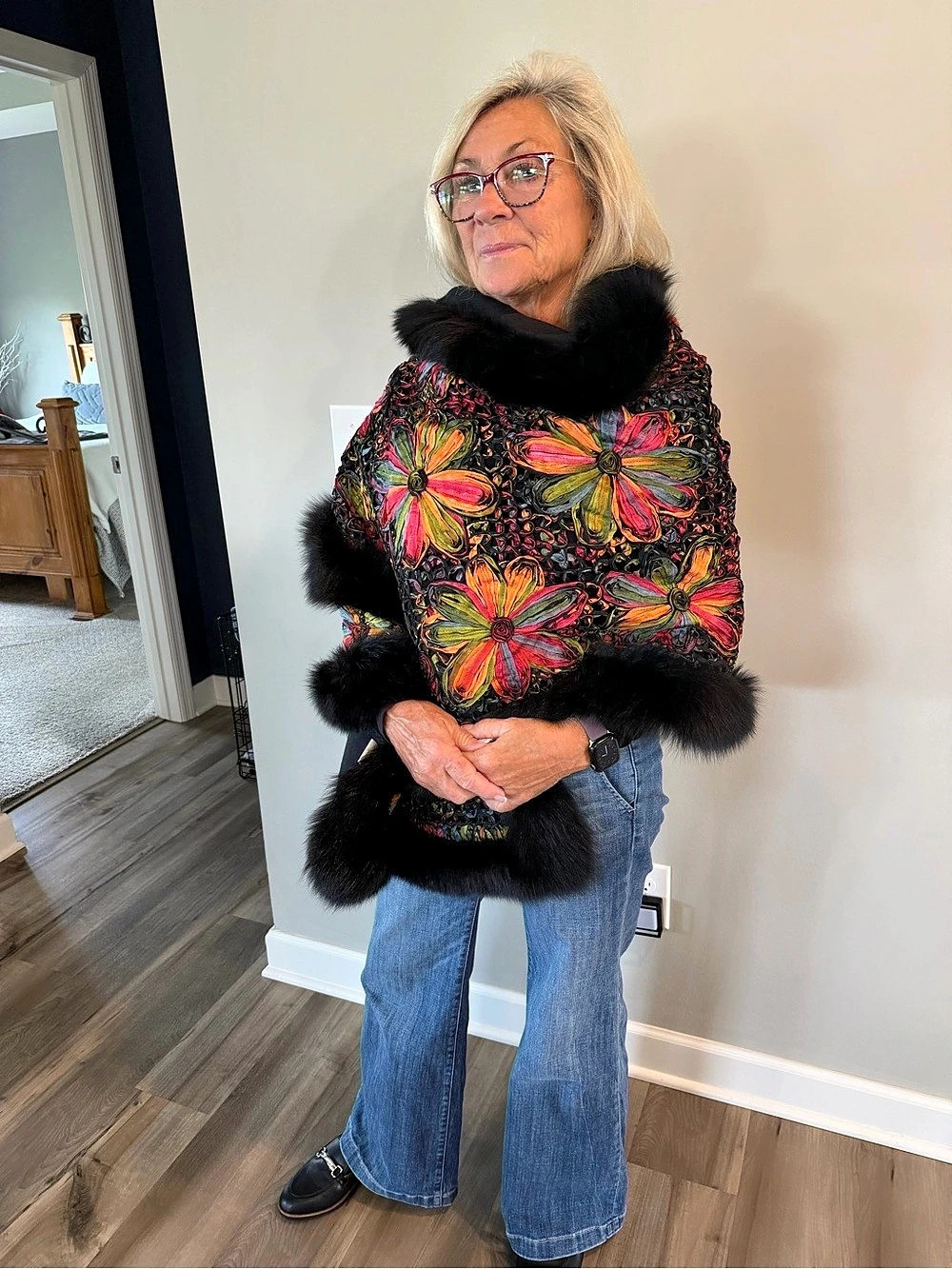 Floral Fur Trim Cape in Black & Multicolor Like New